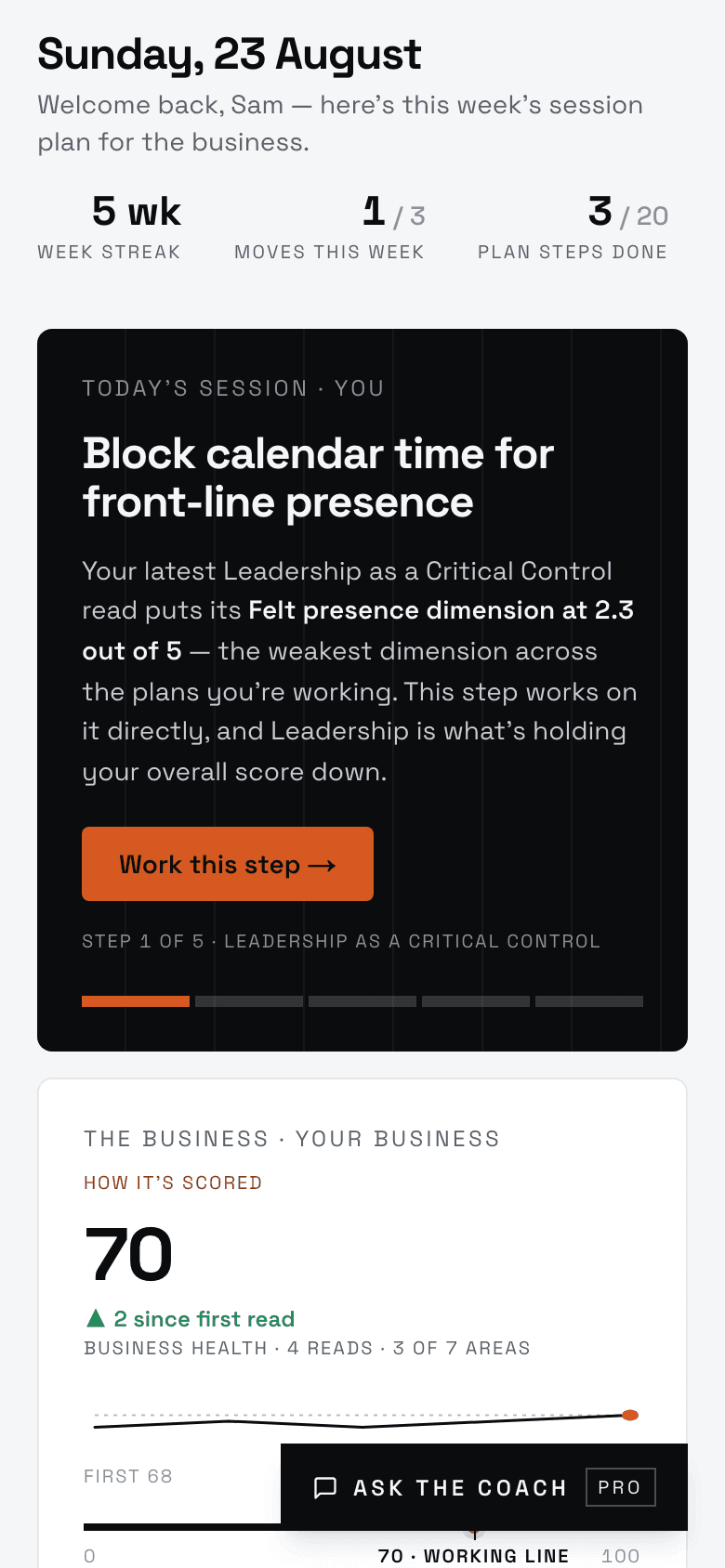 The same workspace on a phone: week streak, moves this week, and today's session.